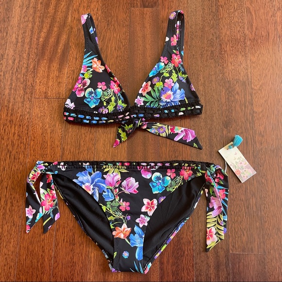 Johnny Was Caribbean Bikini Set Black Floral Embroidered Size Small - Picture 5 of 14